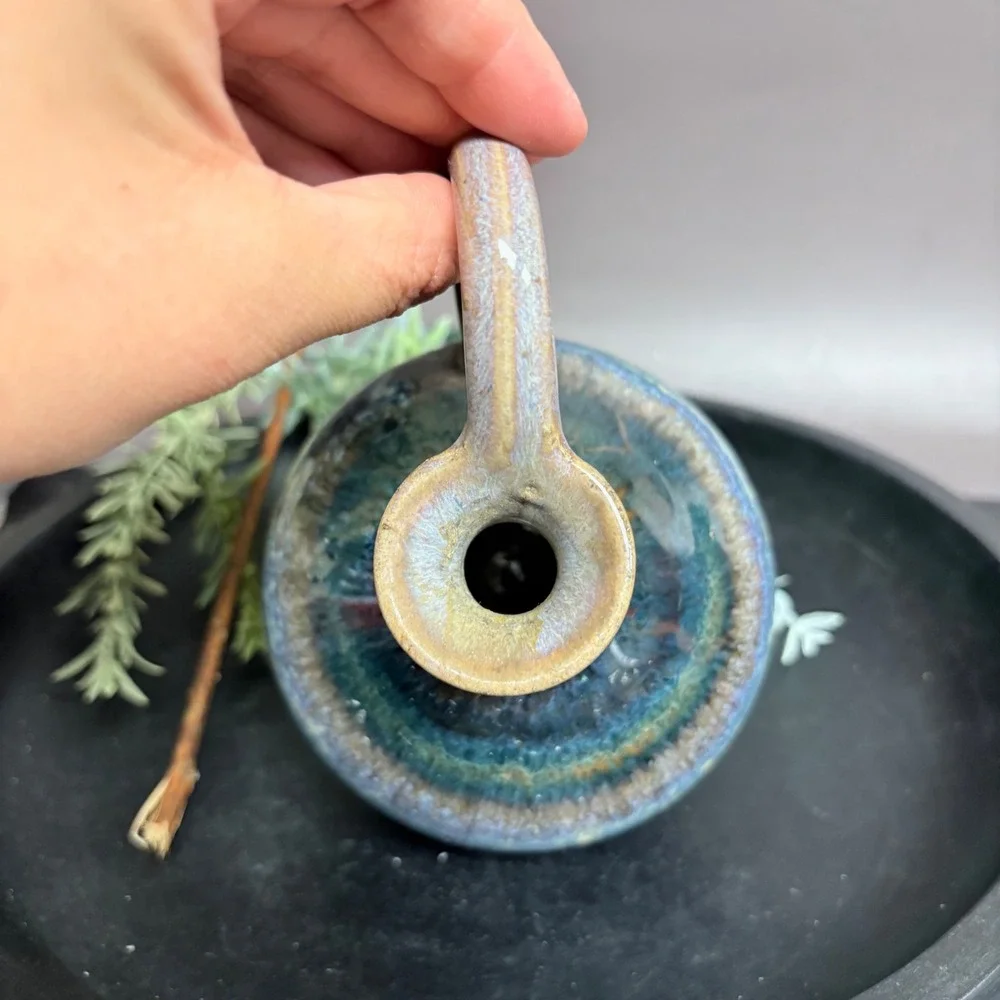Signed Studio Pottery Pitcher |‎ Small Handmade Ceramic Vase | Blue Drip Glaze